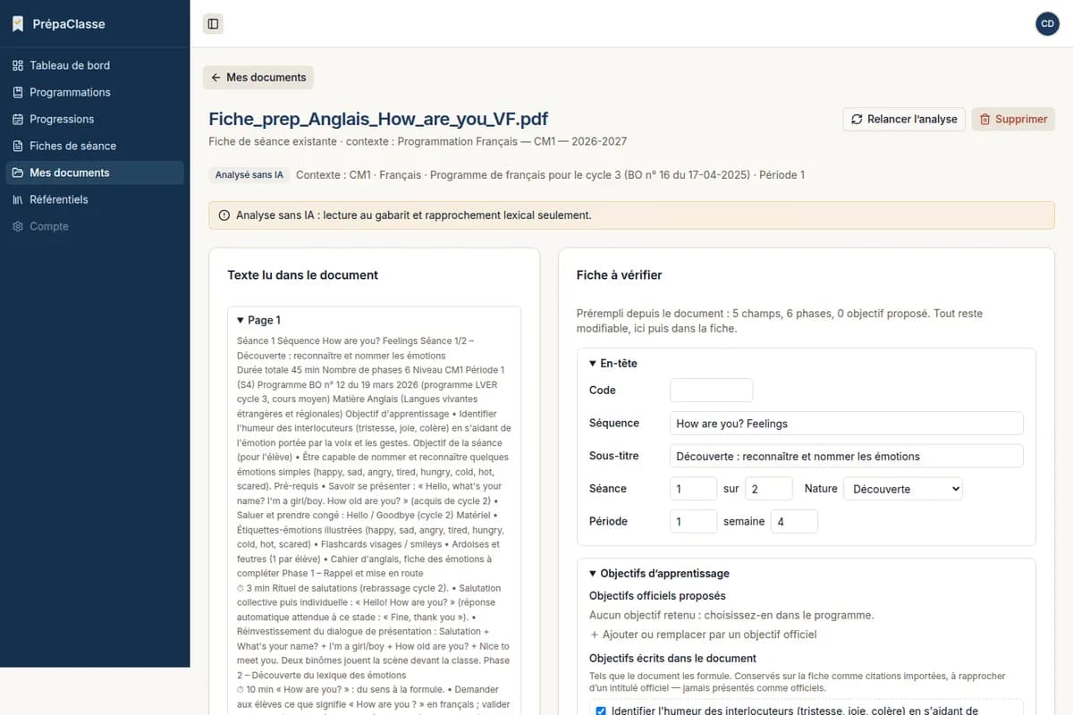 Vérification de l’analyse d’une fiche déposée.